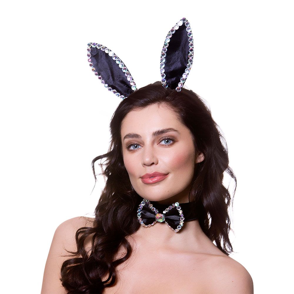 Black Satin Diamante Bunny Ears Set Black Satin Diamante Bunny Ears Set