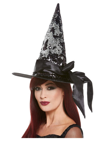 Deluxe Reversible Sequin Witch Hat - Black and Silver