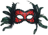 Red/Black Lace Masquerade Mask with Feathers